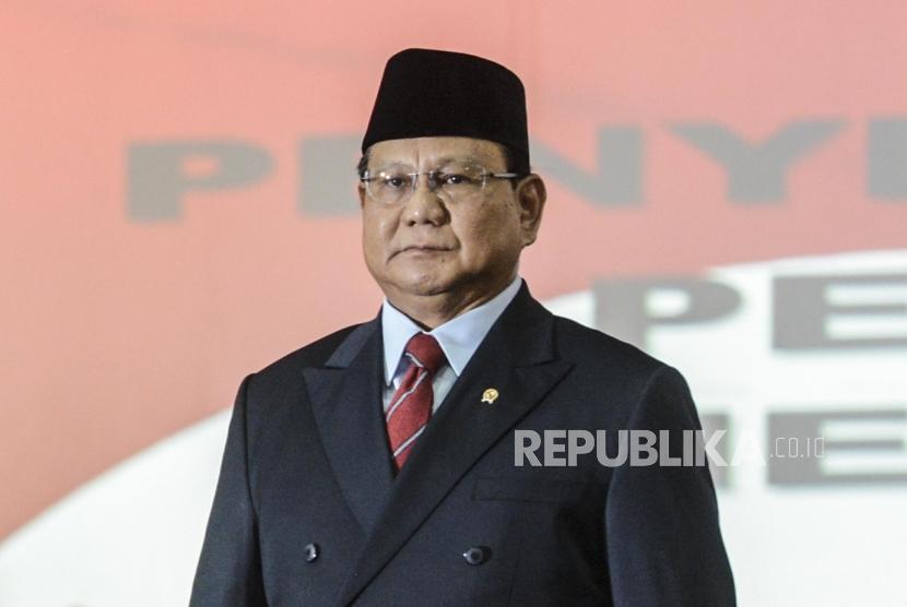 Menteri Pertahanan Prabowo Subianto saat menghadiri serah terima jabatan di Kantor Kementerian Pertahanan, Jakarta, Kamis (24/10).