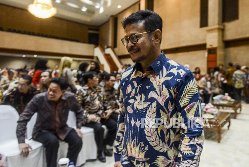 Menteri Pertanian Syahrul Yasin Limpo saat menghadiri acara serah terima jabatan (Sertijab) di Kantor Kementerian Pertanian, Jakarta, Jumat (25/10).