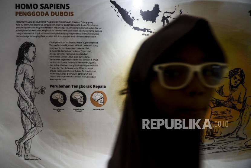 Sejumlah pengunjung saat melihat pameran bertajuk Asal Usul Orang Indonesia (ASOI) di Museum Nasional, Jakarta, Kamis (7/11).