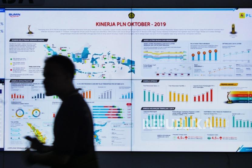 P2IS PLN. Seorang pengunjung melintasi layar informasi di Pusat Pengelola Informasi dan Solusi (P2IS) tahap pertama di Kantor Pusat PLN, Jakarta, Rabu (27/11).
