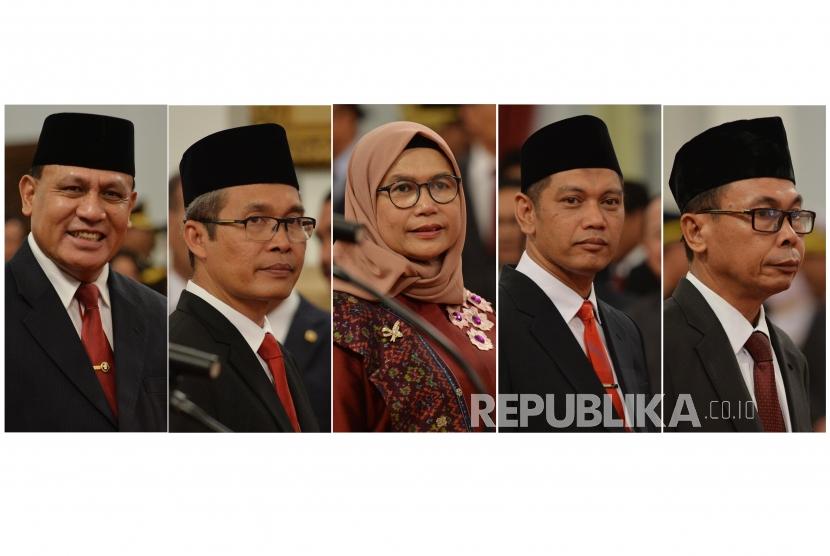 Pelantikan Pimpinan KPK. Foto kombo pimpinan KPK periode 2019-2023 saat dilantik oleh Presiden Joko Widodo di Istana Negara, Jakarta, Jumat (20/12).