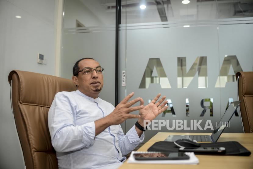 CEO Dana Syariah Taufiq Al Jufri memberikan paparan saat wawancara bersama Republika di Jakarta, Selasa (14/1). Danasyariah telah salurkan pembiayaan properti hampir Rp 2,5 Triliun 
