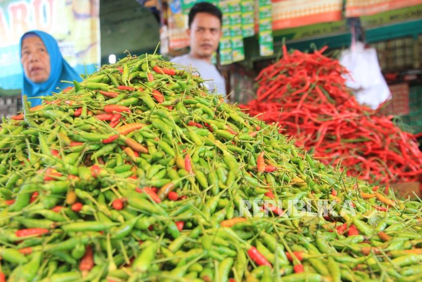 Stok cabai diperkirakan membaik pada bulan depan. Foto: Pedagang melayani pembeli cabai di kawasan Pasar Bina Usaha Meulaboh, Aceh Barat, Aceh, Rabu (15/1/2020).