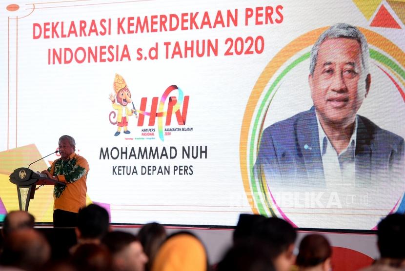 Ketua Dewan Pers Mohammad Nuh memberikan sambutan pada perayaan Hari Pers Nasional (HPN) 2020 di Banjarbaru, Kalimantan Selatan, Sabtu (8/2).