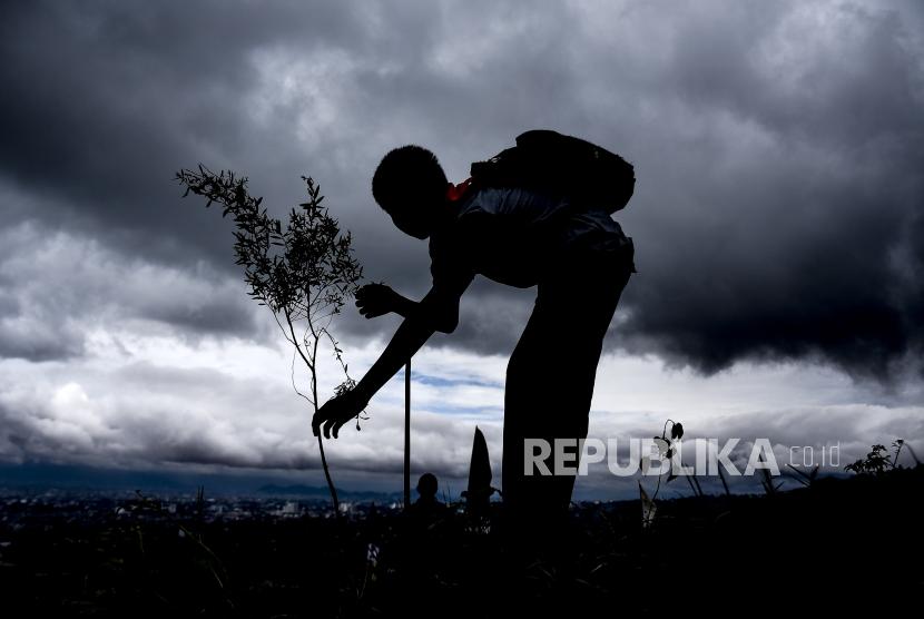 Tanam pohon (ilustrasi). Pelajar menanam pohon pada Gerakan Bulan Menanam 2020 di Kawasan Bandung Utara (KBU), Desa Mekar Saluyu, Kecamatan Cimenyan, Kabupaten Bandung, Selasa (25/2).