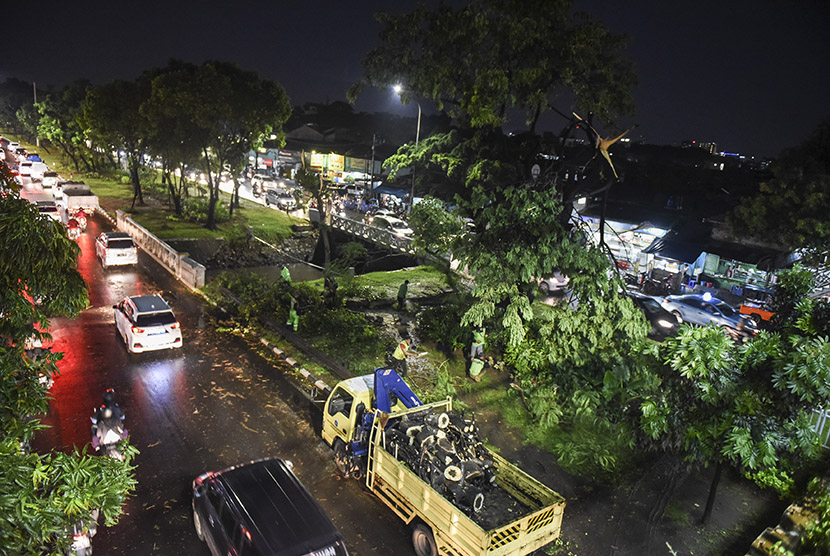 Pekerja merapikan batang-batang pohon yang tumbang di kawasan Tebet, Jakarta, Selasa (28/3). 