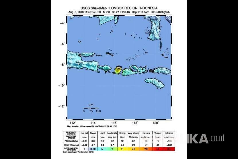 US Geolocial Survey (USGS) shows  a 7-magnitude earthquake hits Lombok, West Nusa Tenggara (NTB), Sunday (Aug 5).