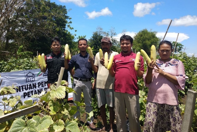 Para petani Desa Keyongan, Kecamatan Nogosari, Kabupaten Boyolali,  Jawa Tengah menunjukkan hasil panen buah mentimun, Kamis (29/11). Budidaya buah mentimun inibmerupakan program ACT Regional Jawa Tengah dalam mendorong pemberdayaan petani setempat