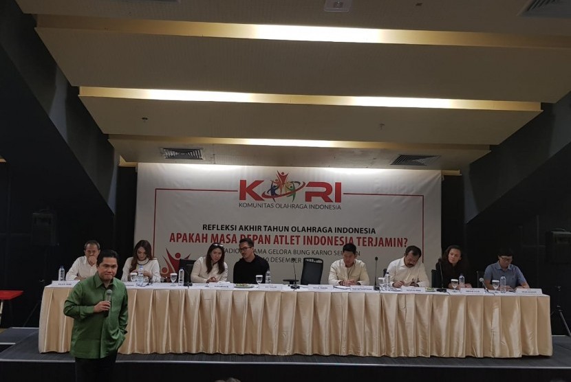 Ketua KOI Erick Thohir, saat menjadi pembicara dalam acara Refleksi Akhir Tahun Olahraga Indonesia yang digelar Komunitas Olahraga Indonesia (KORI), Senin (10/12) di Jakarta. 