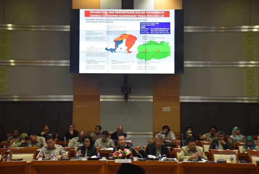 Kepala Badan Nasional Penanggulangan Bencana (BNPB) Willem Rampangilei (tengah) mengikuti rapat kerja dengan Komisi VIII DPR di Kompleks Parlemen, Senayan, Jakarta, Selasa (8/1/2019).
