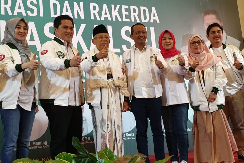 Calon wakil presiden nomor urut 01, KH Ma'ruf Amin saat  menghadiri deklarasi dukungan Relawan Pengusaha Muda Nasional (Repnas)  Kalimantan Selatan di Banjarmasin, Sabtu (26/1). 