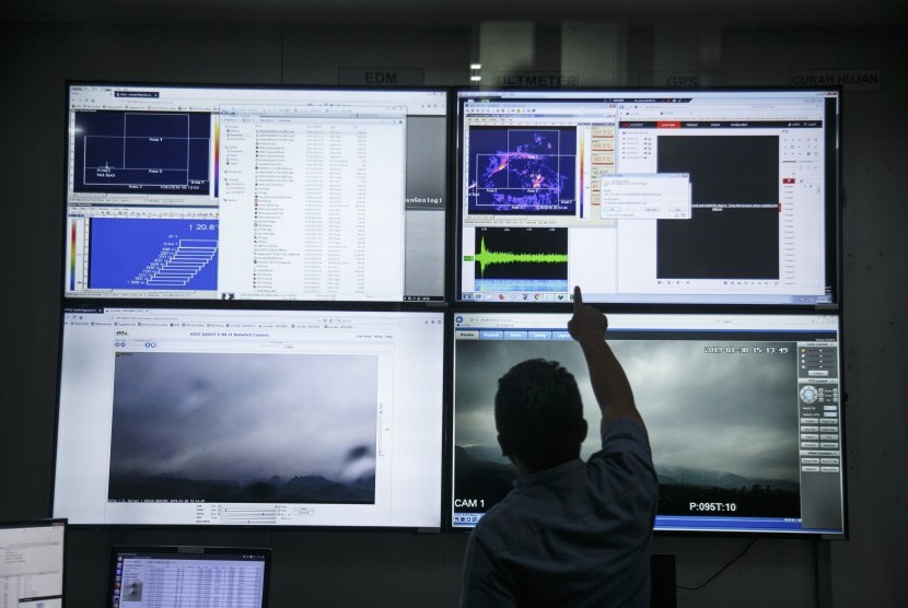 Petugas memantau aktivitas Gunung Merapi yang berstatus Waspada (level II) dari layar monitor di Kantor BPPTKG Yogyakarta, DI Yogyakarta, Rabu (30/1/2019).