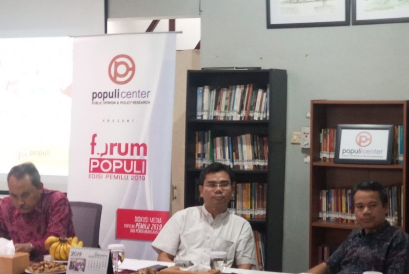 Rilis Populi Center tentang pengaruh debat capres dan cawapres pada elektabilitas paslon. Populi Center, Jakarta Barat, Kamis (7/2).