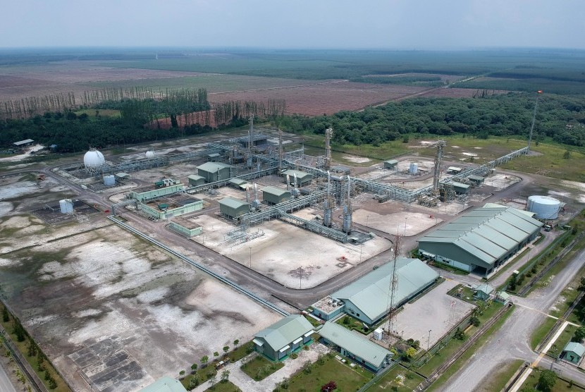 Foto udara kilang minyak blok Jambi Merang di Desa Kali Berau, Bayung Lencir, Musi Banyuasin, Sumsel, Sabtu (9/2/2019).