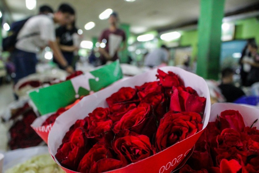 Pembeli memilih bunga mawar yang dijual di Pasar Bunga Rawa Belong, Jakarta, Rabu (13/2/2019). 