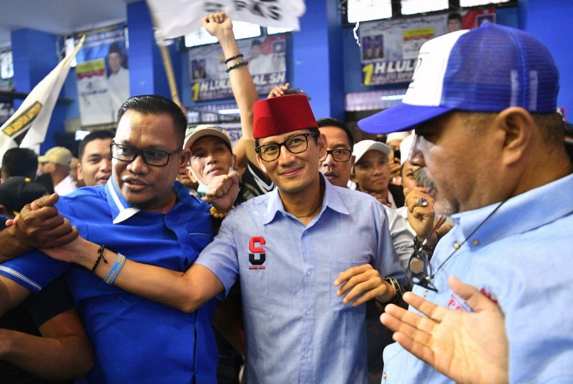 Calon Wakil Presiden nomor urut 02 Sandiaga Uno tiba untuk kampanye terbuka di Gelanggang Remaja Jakarta Utara, Tanjung Priok, Jakarta Utara, Senin (25/3/2019).