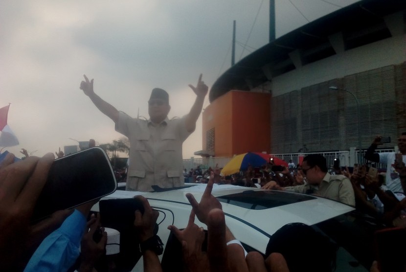 Prabowo Subianto calon presiden nomor urut 2, tiba di Stadion Pakansari Bogor, Jumat, (29/3). 