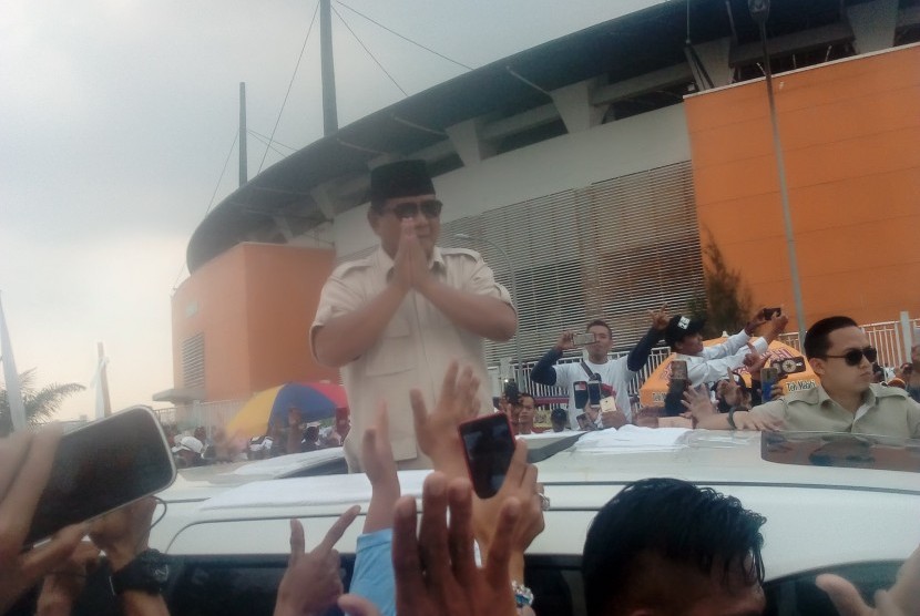 Prabowo Subianto calon presiden nomor urut 2, tiba di Stadion Pakansari Bogor, Jumat, (29/3). 