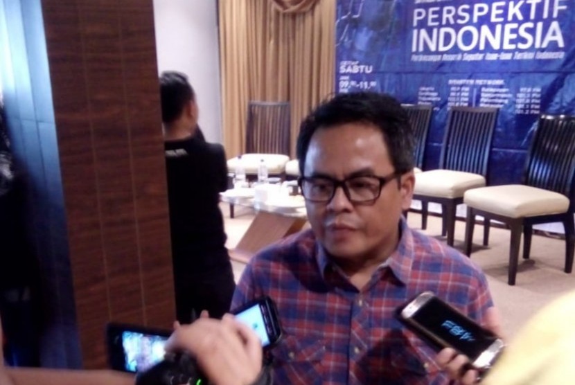 Direktur Riset Populi Center Usep S Ahyar usai diskusi Perspektif Indonesia di kawasan Cikini, Jakarta Pusat, Sabtu (30/3).