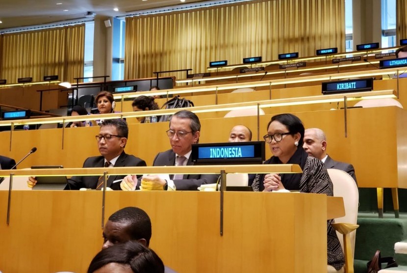 Menteri Luar Negeri (Menlu) Indonesia Retno Marsudi dalam Sidang Majelis Umum (SMU) Perserikatan Bangsa-Bangsa (PBB), New York, Rabu (3/4) 