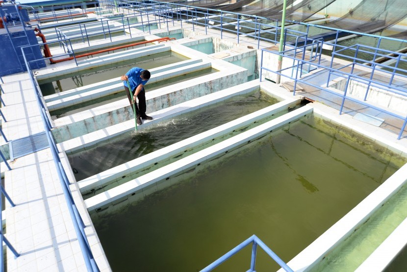 Petugas membersihkan kolam penampungan air di Instalasi Pengolahan Air Perusahaan Daerah Air Munum Tirta Daroy Banda Aceh, di kawasan Lambaro, Kabupaten Aceh Besar, Aceh, Selasa (9/7/2019).
