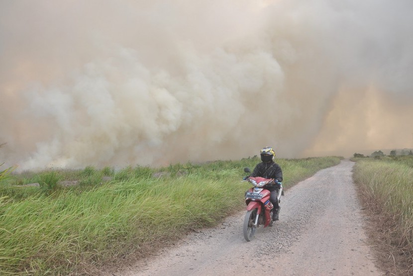 Warga melintas dengan kendaraanya saat terjadi kebakaran lahan gambut di Desa Pulau Semembu, Indralaya Utara, Ogan Ilir, Sumatra Selatan, Senin (5/8/2019).