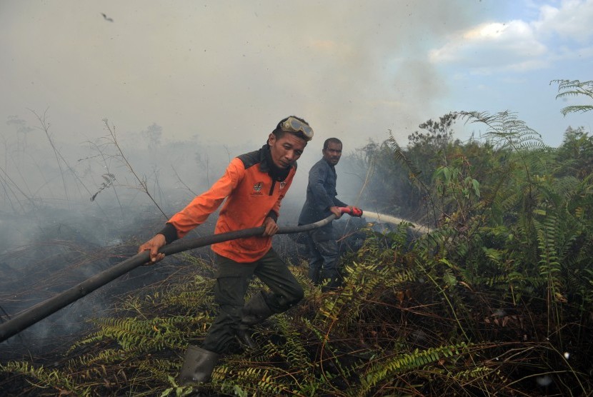 Petugas Manggala Agni Daops Kota Jambi saat mengupayakan pemadaman kebakaran lahan gambut di Kumpeh Ulu, Muarojambi, Jambi, Selasa (6/8/2019).