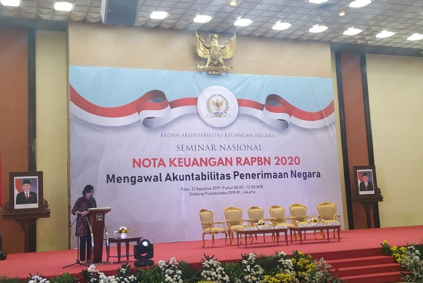 Menteri Keuangan Sri Mulyani dalam acara Seminar Nasional Nota  Keuangan RAPBN 2020 di Gedung DPR/ MPR, Jakarta, Rabu (21/8)