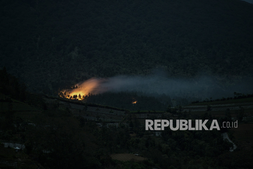 Kobaran api membakar hutan pinus di lereng bagian timur Gunung Slamet pada petak 58a, terlihat dari Desa Serang, Karang Reja, Purbalingga, Jawa Tengah, Kamis (12/9/2019).