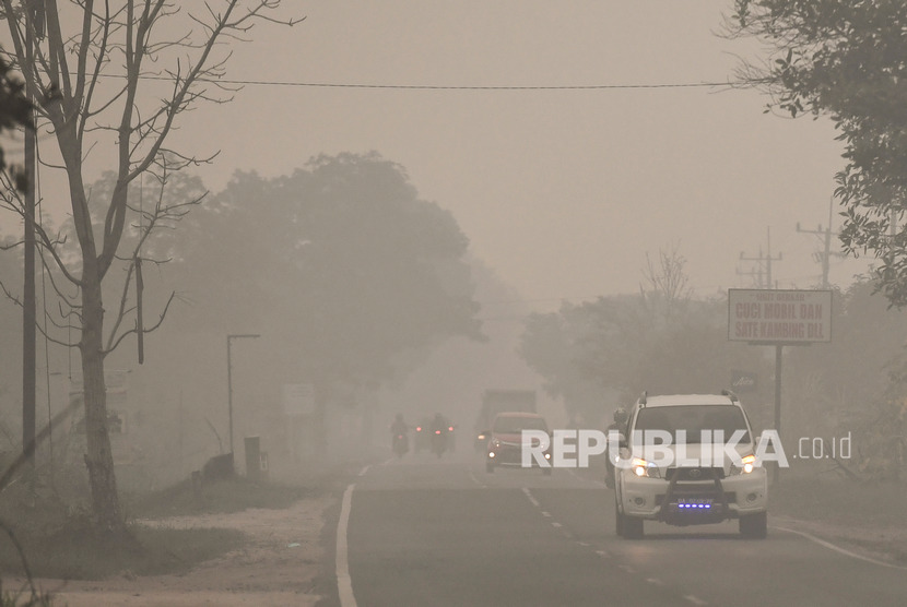 Kendaraan melintas di Jalan Trans Kalimantan yang diselimuti asap di daerah Panarung, Palangka Raya, Kalimantan Tengah, Selasa (17/9/2019). 
