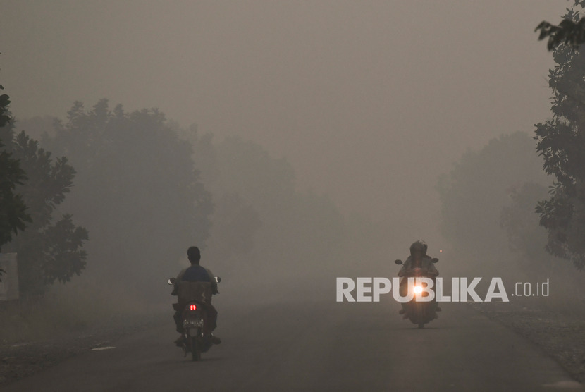 Kendaraan melintas di jalanan yang diselimuti asap di daerah Panarung, Palangka Raya, Kalimantan Tengah, Selasa (17/9/2019). 