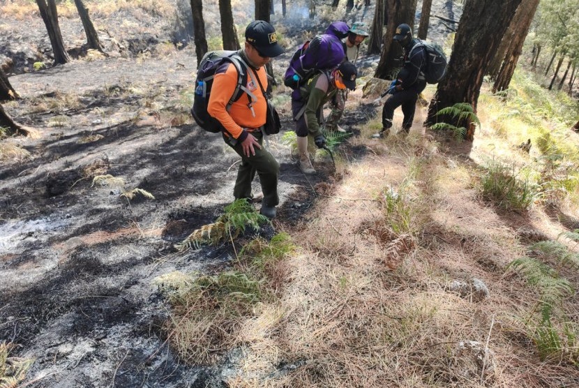 Petugas masih berupaya memadamkan api kebakaran di Gunung Arjuno sejak akhir pekan lalu. 