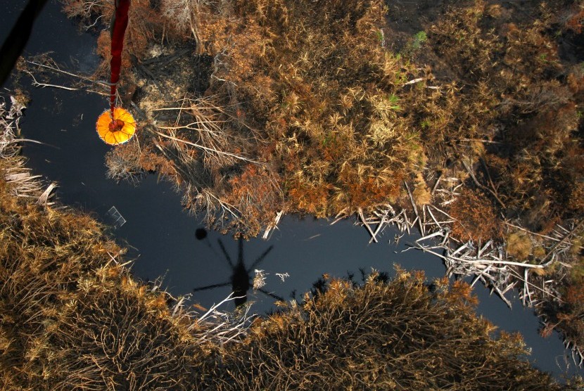 Helikopter milik Badan Nasional Penanggulangan Bencana (BNPB) melakukan 'water bombing' pada kebakaran hutan di kawasan Kereng Bangkirai, Taman Nasional Sebangau, Palangkaraya, Kalimantan Tengah, Selasa (1/10/2019).