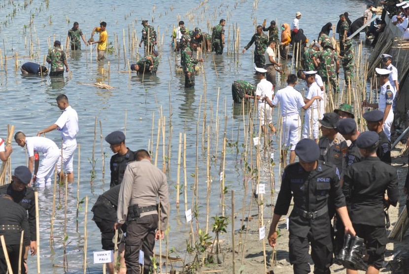 Sejumlah personel TNI-Polri serta masyarakat menanam mangrove di lokasi terdampak bencana gempa dan tsunami di Kelurahan Mamboro, Palu, Sulawesi Tengah, Senin (7/10/2019).
