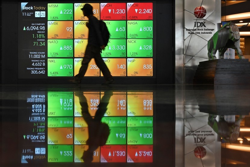 Karyawan melintas di dekat monitor pergerakan harga saham di Bursa Efek Indonesia (BEI), Jakarta. ilustrasi