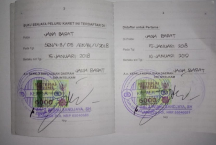 Foto Surat Izin Penggunaan Senjata Peluru Karet milik IN, anak bupati Majalengka,  yang terlibat kasus penembakan di Majalengka, Jawa Barat pada Ahad (10/11) lalu. Surat izin IN sudah kedaluwarsa.
