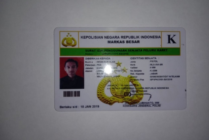 Foto Surat Izin Penggunaan Senjata Peluru Karet milik IN, anak bupati Majalengka,  yang terlibat kasus penembakan di Majalengka, Jawa Barat pada Ahad (10/11) lalu. Surat izin IN sudah kedaluwarsa.