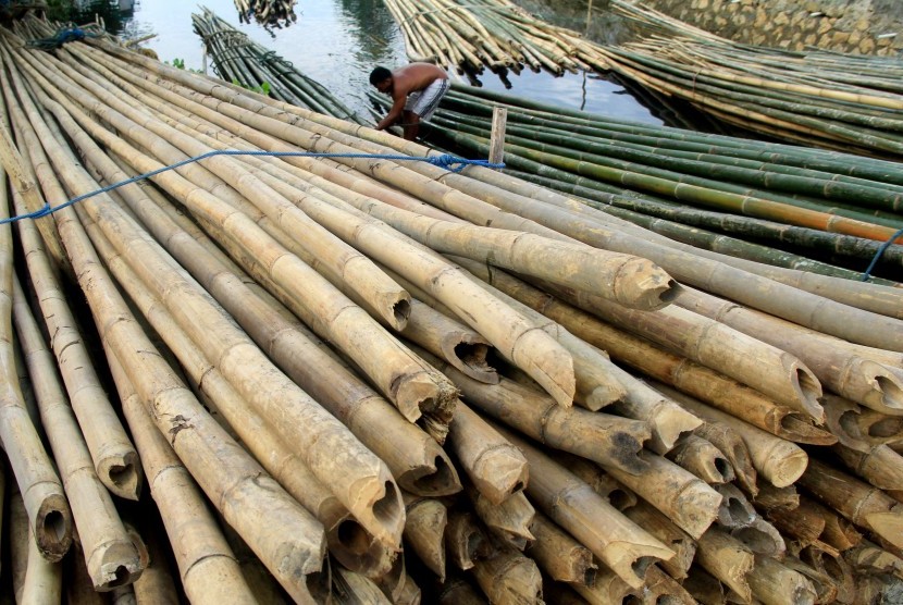 Pedagang menata bambu yang akan dijual di pinggiran sungai, Mamuju, Sulawesi Barat, beberapa tahun lalu. Sementara itu, sejumlah pendapatan petani bambu di Kabupaten Lebak, Banten, merosot 70 persen terdampak wabah virus corona baru atau Covid-19, yang membuat permintaan pasar menurun drastis.