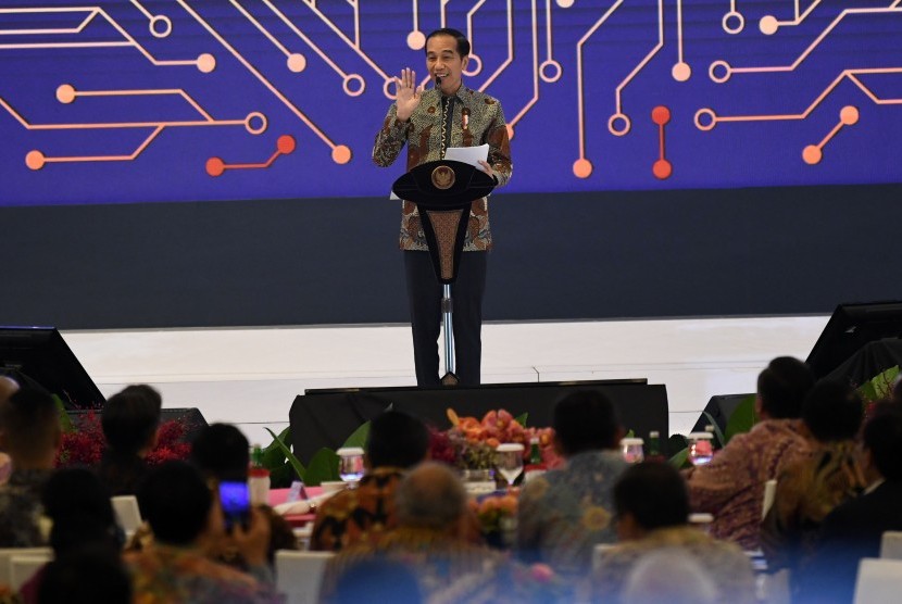 Presiden Joko Widodo menyampaikan pidatonya dalam Pertemuan Tahunan Bank Indonesia (PTBI) 2019 di Jakarta, Kamis (28/11/2019) malam. 