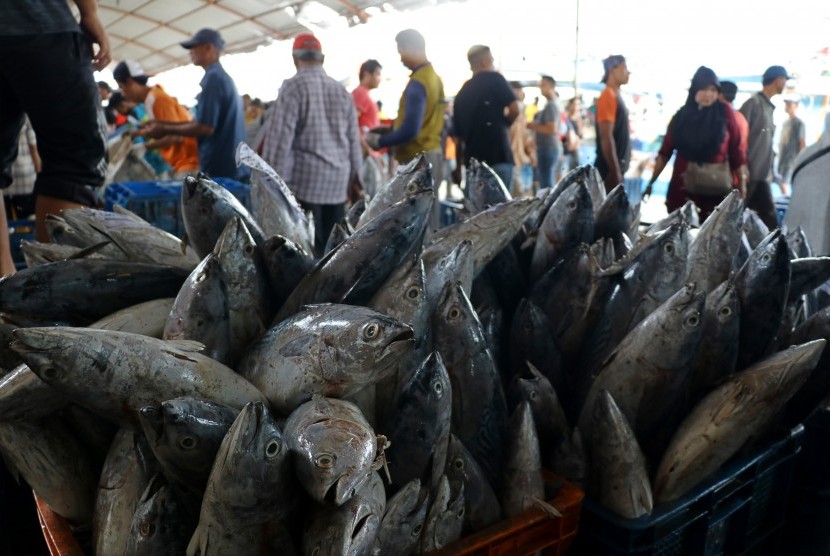 Pekerja mengumpulkan ikan di tempat pelelangan ikan Karangsong, Indramayu, Jawa Barat.