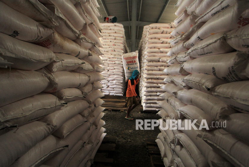 Pekerja mengangkut pupuk untuk didistribusikan di gudang pupuk PT Pupuk Kujang Jatibarang, Indramayu, Jawa Barat, Rabu (8/1/2020). Indonesia akan menggenjot ekspor pupuk ke Ukraina.