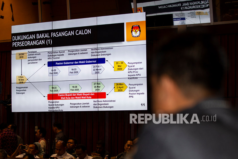 Anggota DPR mengamati paparan dari Ketua KPU Arief Budiman pada rapat dengar pendapat dengan Komisi II DPR di Kompleks Parlemen, Senayan, Jakarta, Selasa (14/1/2020).