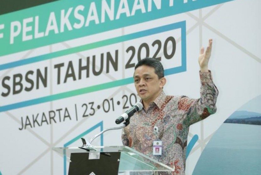 Direktur Jenderal Pengelolaan Pembiayaan dan Risiko Kementerian Keuangan (Kemenkeu) Luky Alfirman dalam kick off pelaksanaan SBSN 2020 di Gedung Kemenkeu, Jakarta, Kamis (23/1). Lelang sukuk di awal 2020 sudah melebihi target.