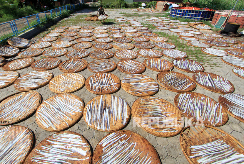 Pekerja menjemur kerupuk kulit ikan remang di Kenanga, Indramayu, Jawa Barat, Selasa (28/1/2020).