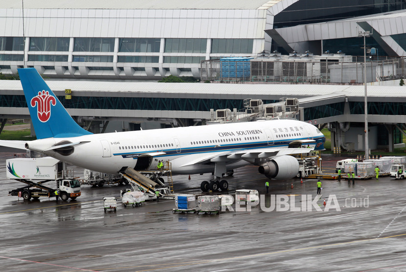 Sejumlah pekerja melakukan bongkar muat bagasi pesawat milik maskapai China Southern yang terparkir di apron Bandara Soekarno Hatta, Tangerang, Banten, Selasa (4/2/2020). Sebuah Boeing Co 737 MAX melakukan penerbangan penumpang pertamanya di China dalam hampir empat tahun pada hari Jumat (13/1/2023).