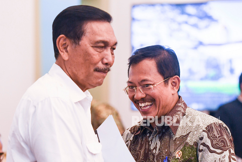 Menteri Kesehatan Terawan Agus Putranto (kanan) berbincang dengan Menko Kemaritiman dan Investasi Luhut Binsar Pandjaitan (kiri). (ilustrasi)