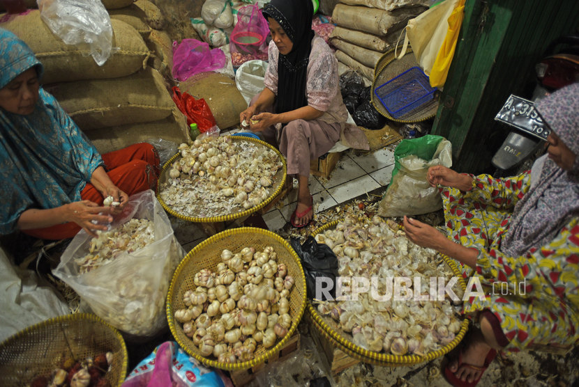 Pekerja mengupas bawang putih di pasar tradisional. ilustrasi
