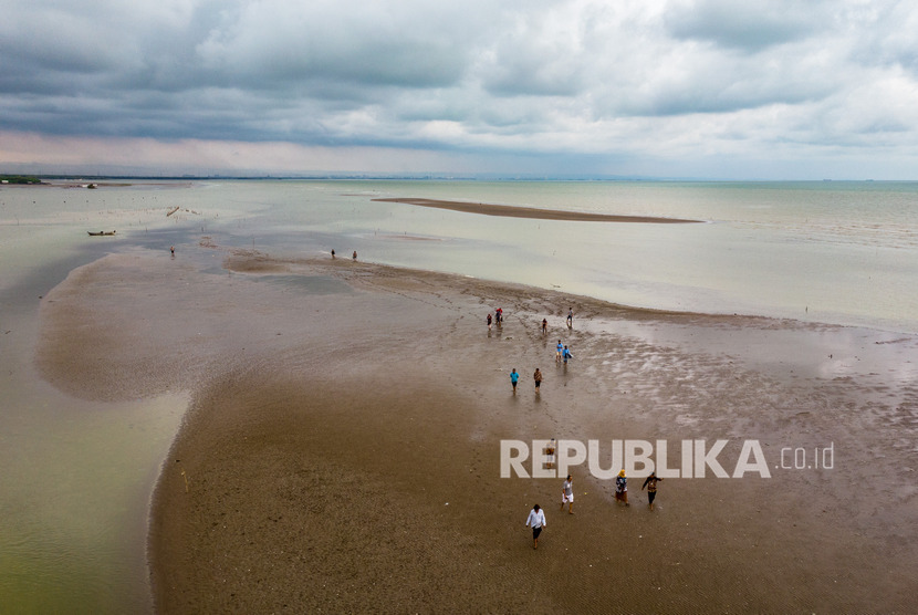 Sejumlah wisatawan menikmati suasana pantai yang terbentuk dari fenomena akresi (penambahan garis pantai dari darat menuju laut akibat sedimentasi bertahun-tahun) di Desa Surodadi, Sayung, Demak, Jawa Tengah, Selasa (11/2/2020). 