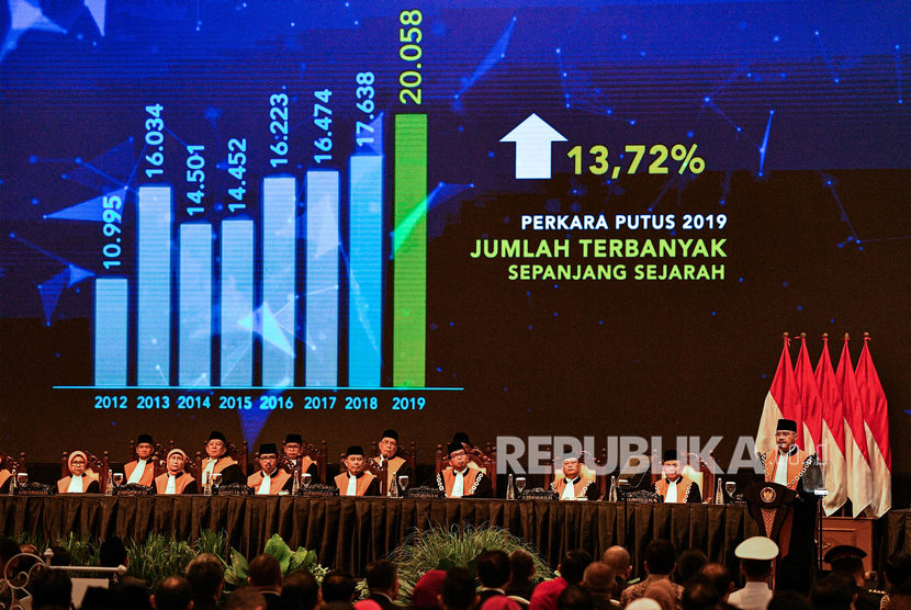 Ketua Mahkamah Agung Hatta Ali (kanan) menyampaikan laporan kinerja dalam Sidang Pleno Istimewa Laporan Tahunan Mahkamah Agung Tahun 2019 di Jakarta Convention Center, Jakarta, Rabu (26/2/2020).