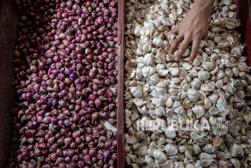 Pedagang menata bawang putih yang dijual di Pasar PSPT Tebet, Jakarta, Senin (2/3).Kemendag baru menerbitkan 25 ribu ton dari total 103 ribu RIPH rekomendasi Kementan